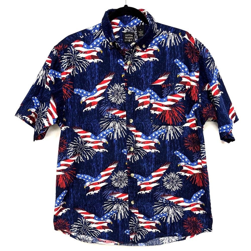 Cotton Traders Sport, Men's M Patriotic American Flag Eagle Firework Button Down